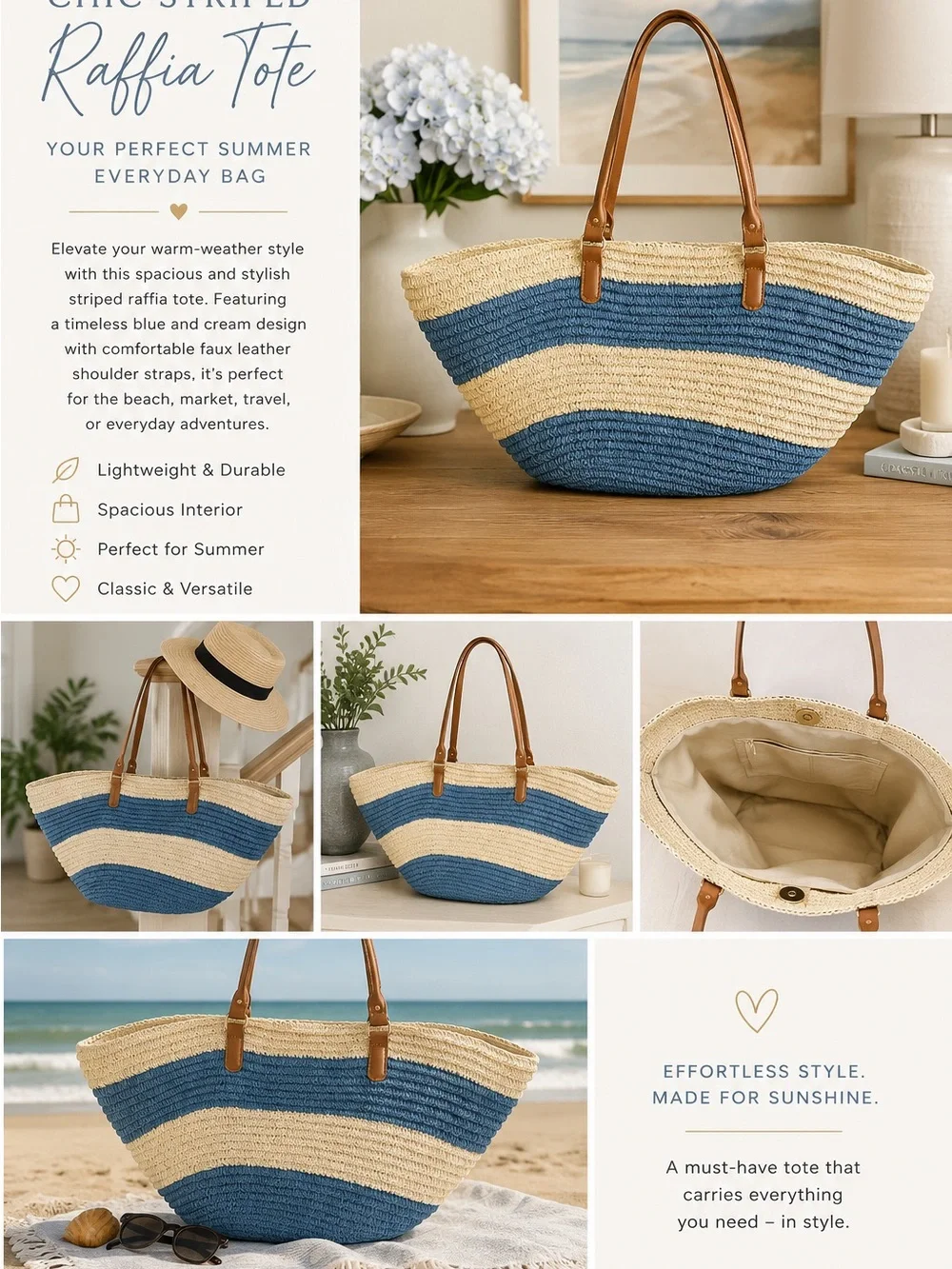 Tommy Bahama Blue & Cream Striped Raffia Tote - Beach / Pool bag- super cute!